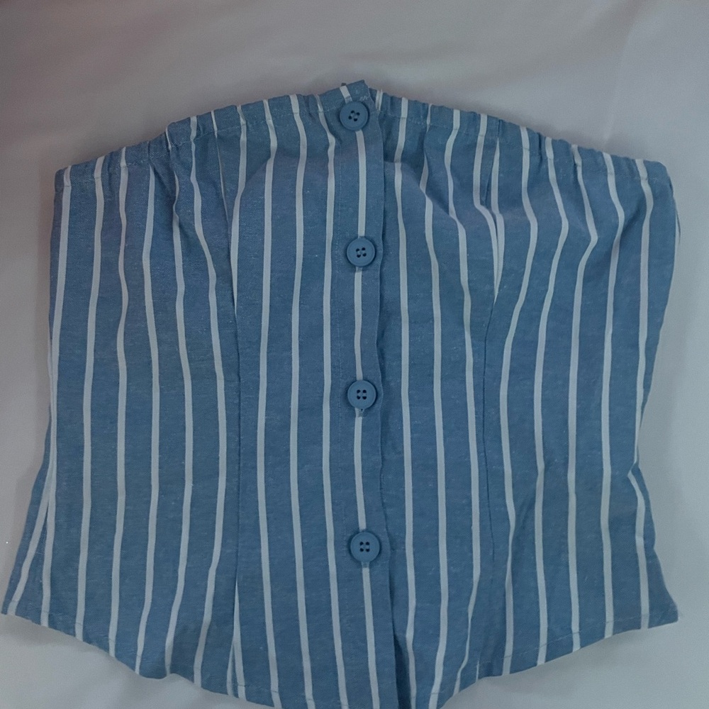 Blue and White Striped Button-Up Crop Top